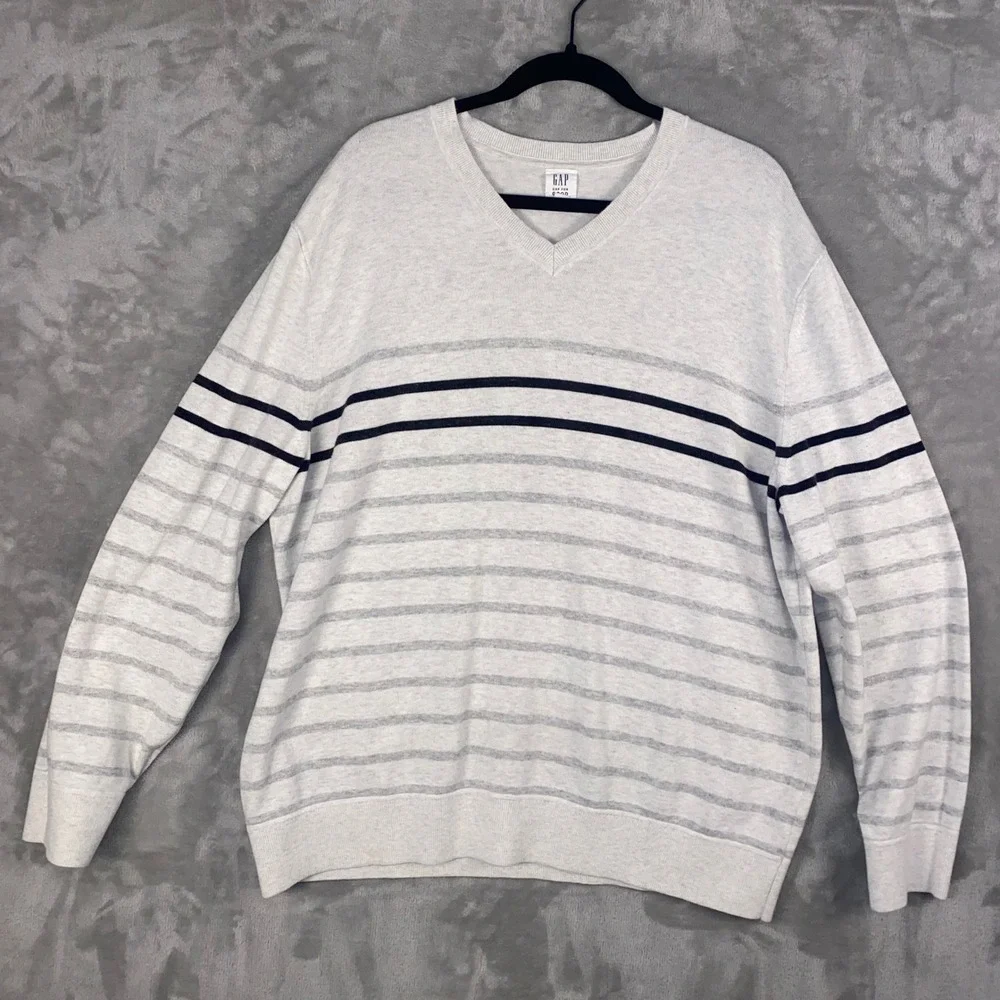 GAP Men's‎ XXL Grey Striped V Neck Sweater Long Sleeve Cotton Blend